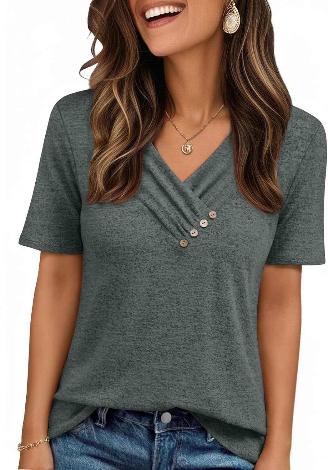 Women's Business Casual V Neck Blouse with Buttons
