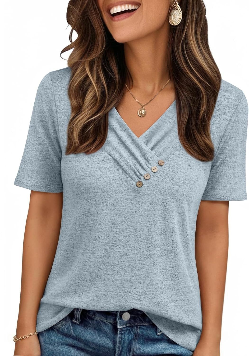 Women's Business Casual V Neck Blouse with Buttons