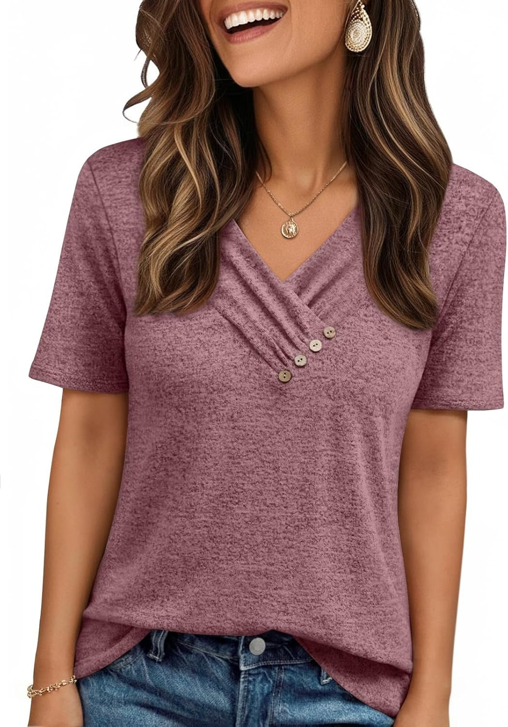 Women's Business Casual V Neck Blouse with Buttons
