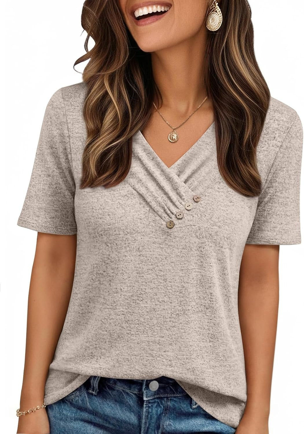 Women's Business Casual V Neck Blouse with Buttons