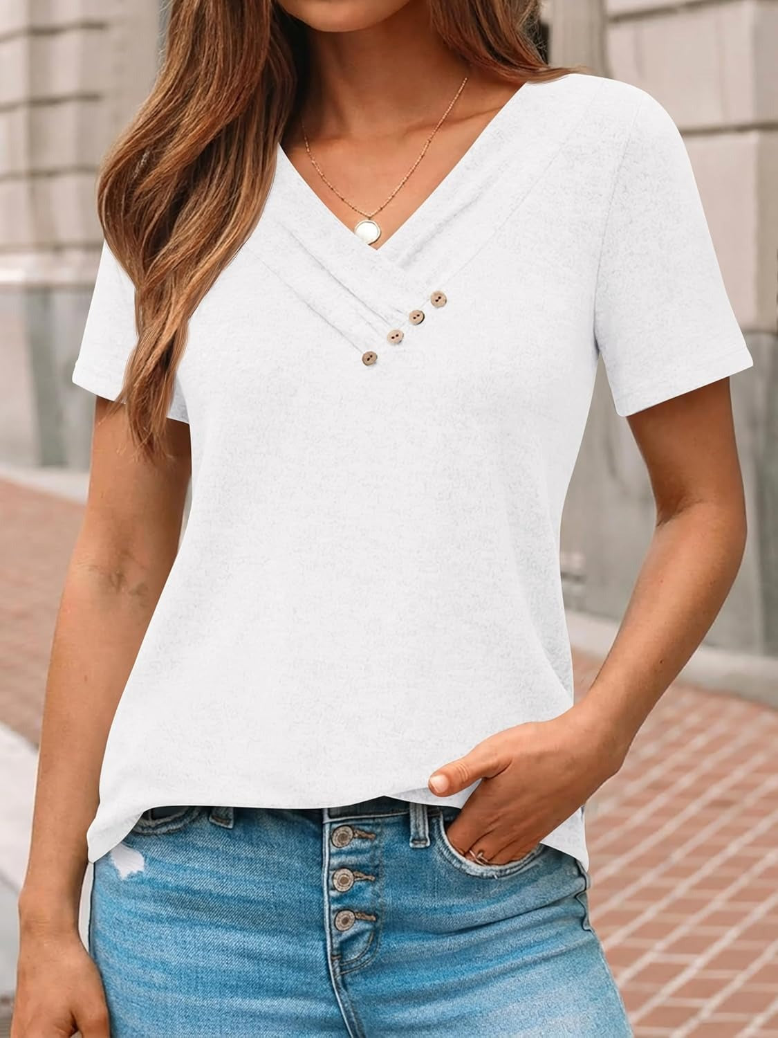 Women's Business Casual V Neck Blouse with Buttons
