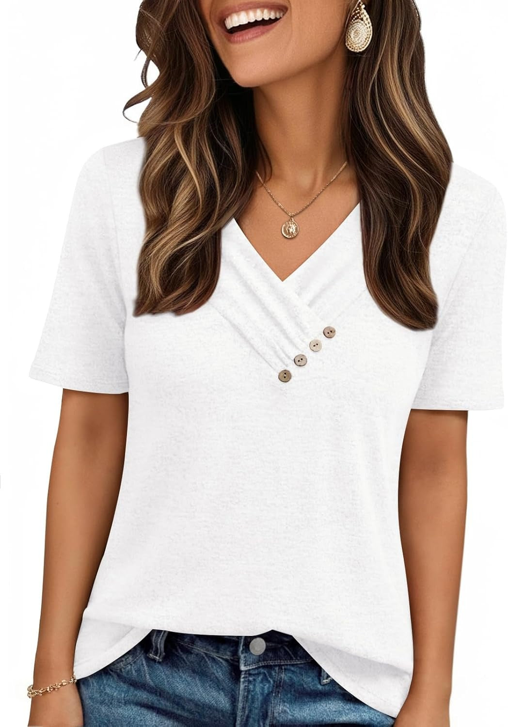 Women's Business Casual V Neck Blouse with Buttons