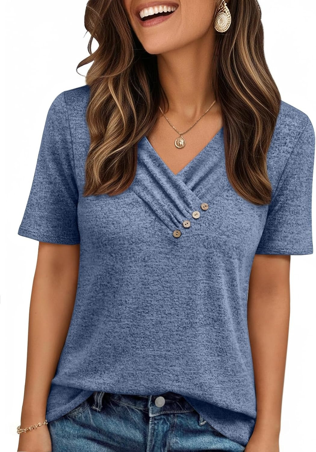 Women's Business Casual V Neck Blouse with Buttons