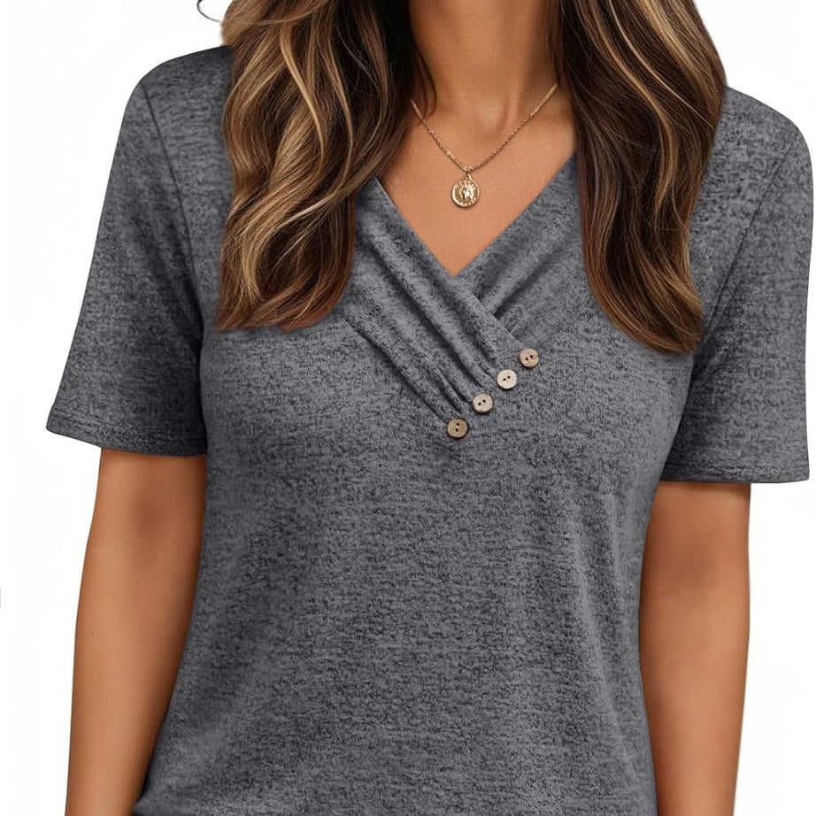 Women's Business Casual V Neck Blouse with Buttons