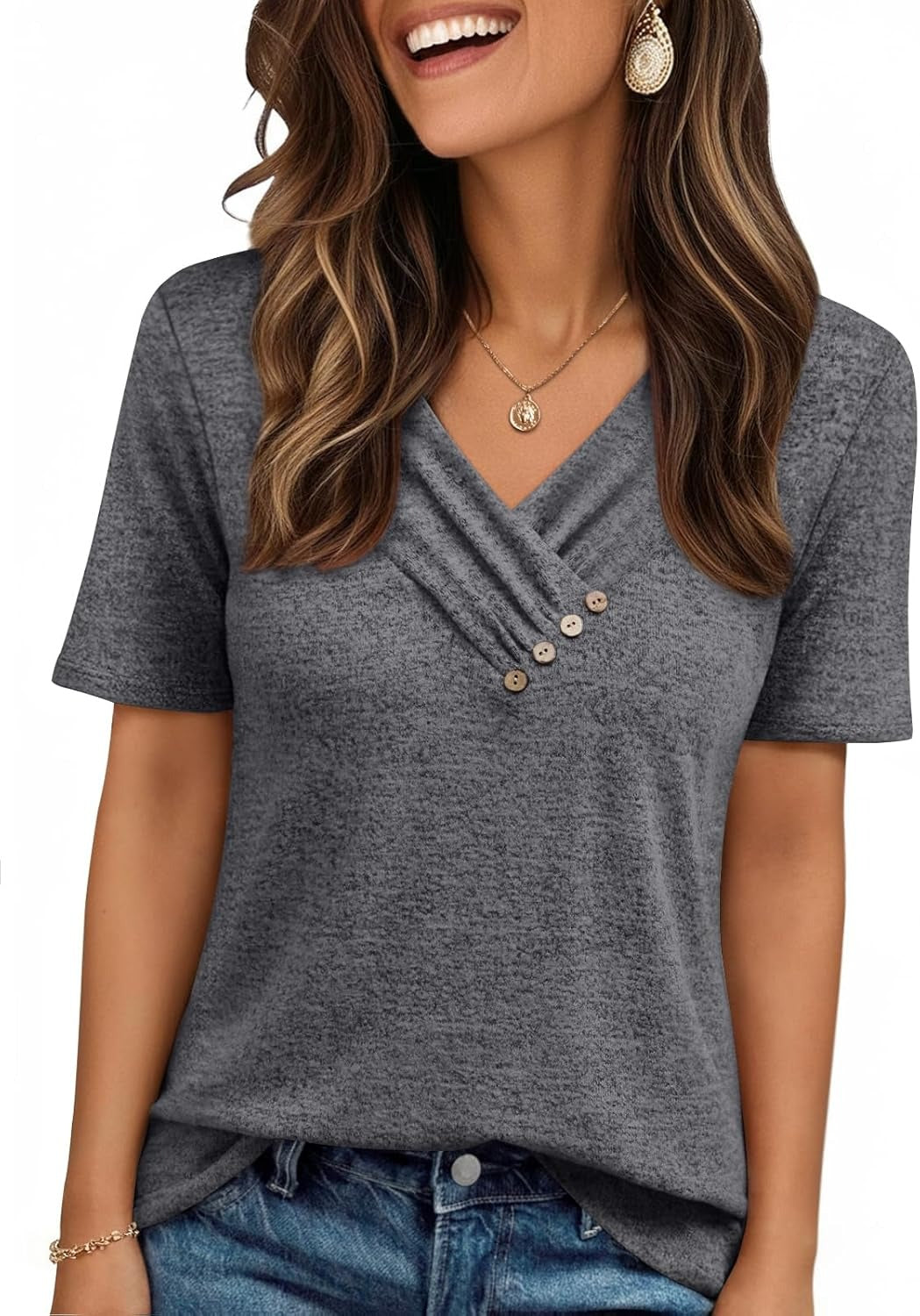Women's Business Casual V Neck Blouse with Buttons