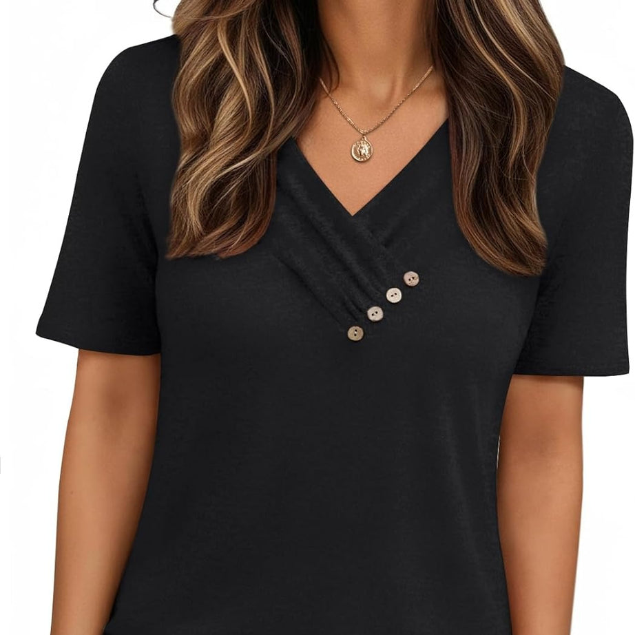 Women's Business Casual V Neck Blouse with Buttons