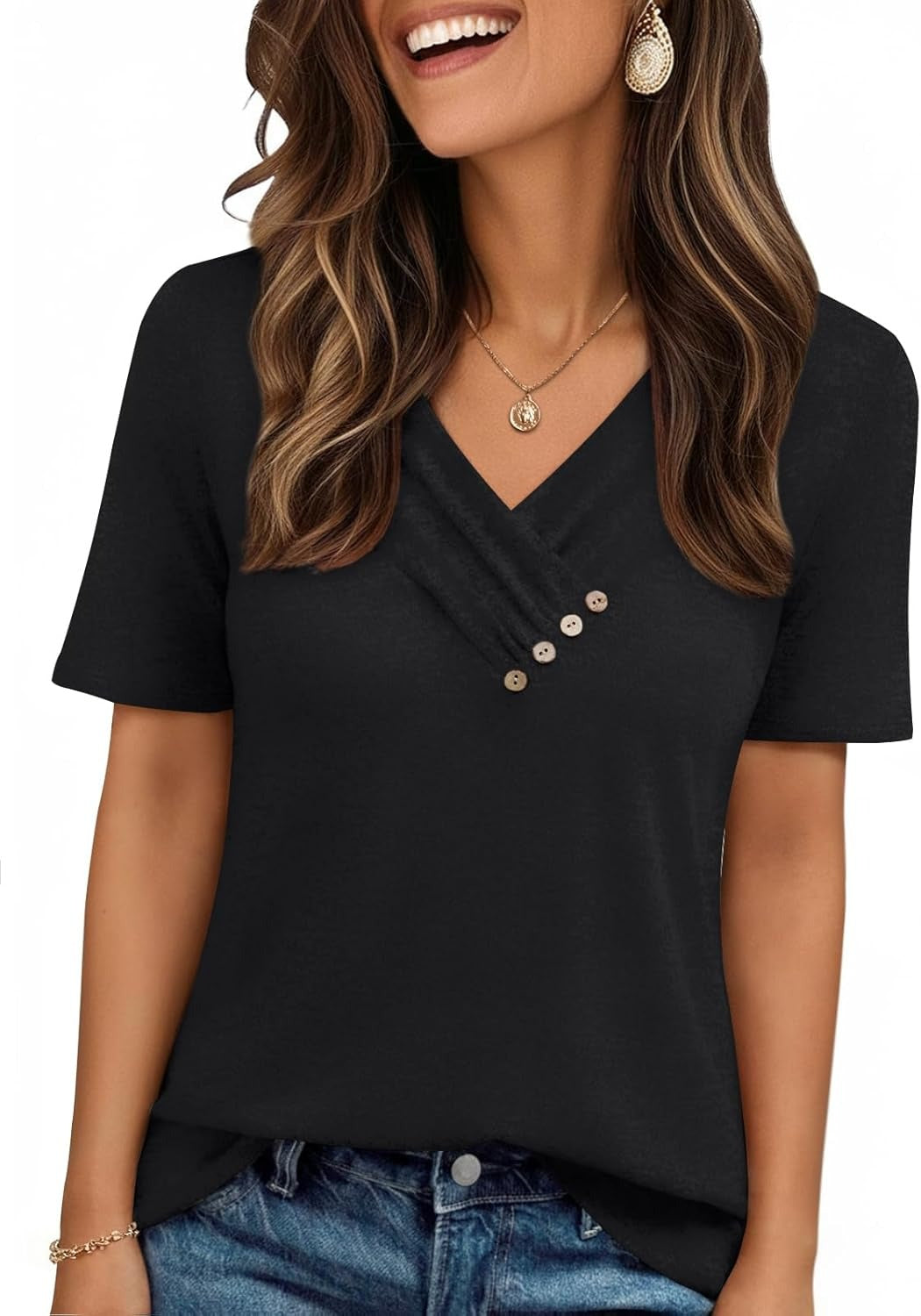 Women's Business Casual V Neck Blouse with Buttons