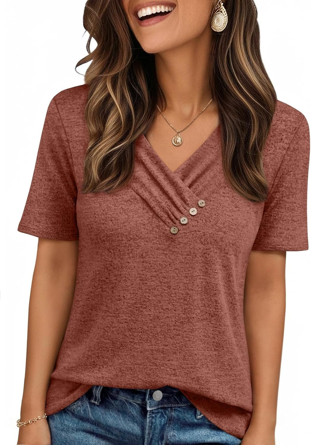 Women's Business Casual V Neck Blouse with Buttons