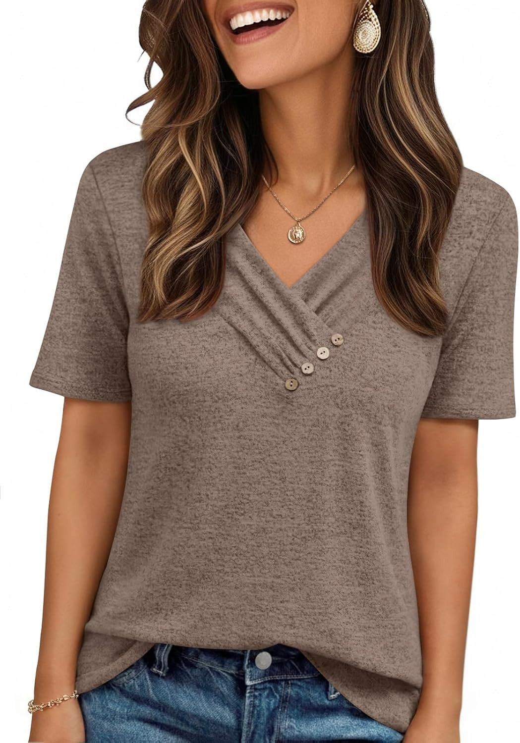 Women's Business Casual V Neck Blouse with Buttons
