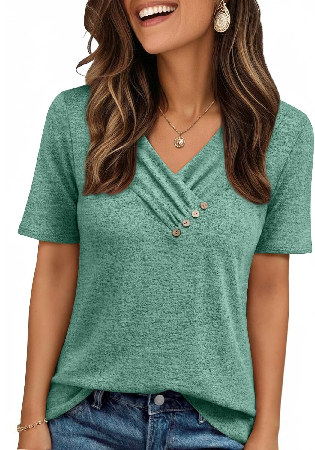 Women's Business Casual V Neck Blouse with Buttons