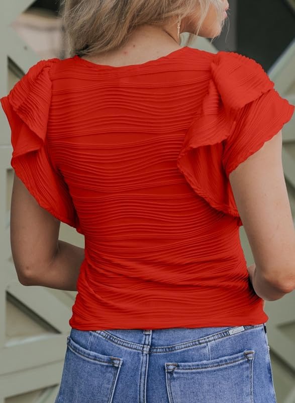 Womens Casual Crewneck Ruffle Slim Fit Dressy Blouses