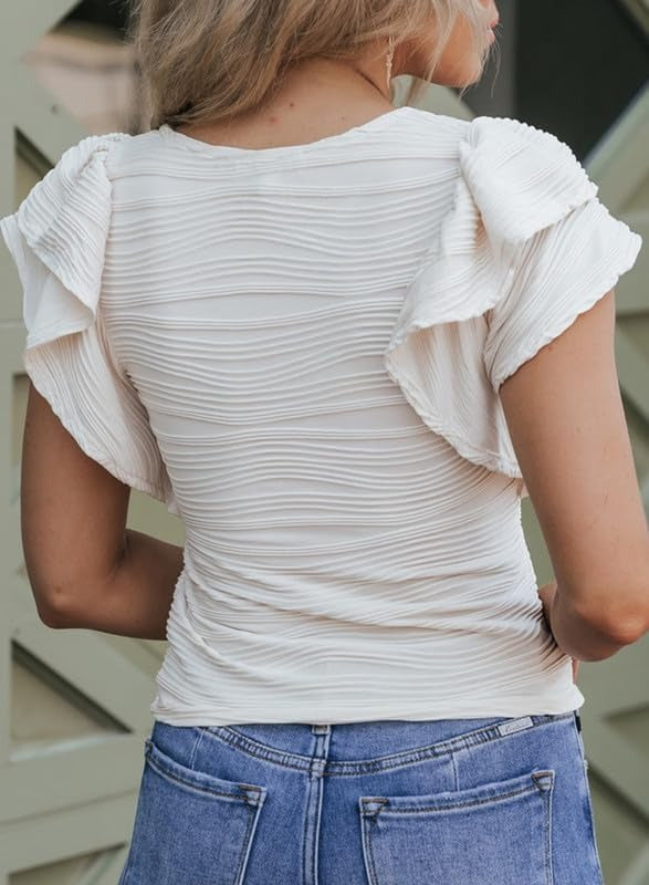 Womens Casual Crewneck Ruffle Slim Fit Dressy Blouses