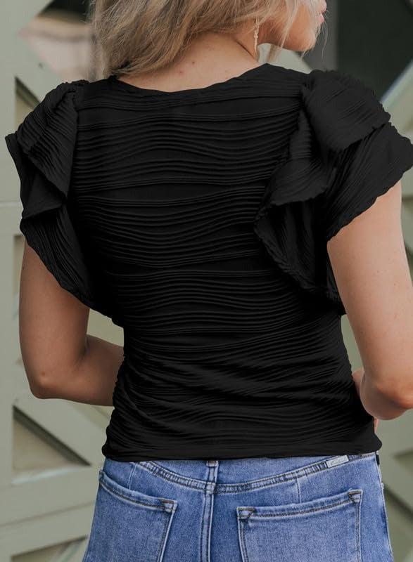 Womens Casual Crewneck Ruffle Slim Fit Dressy Blouses