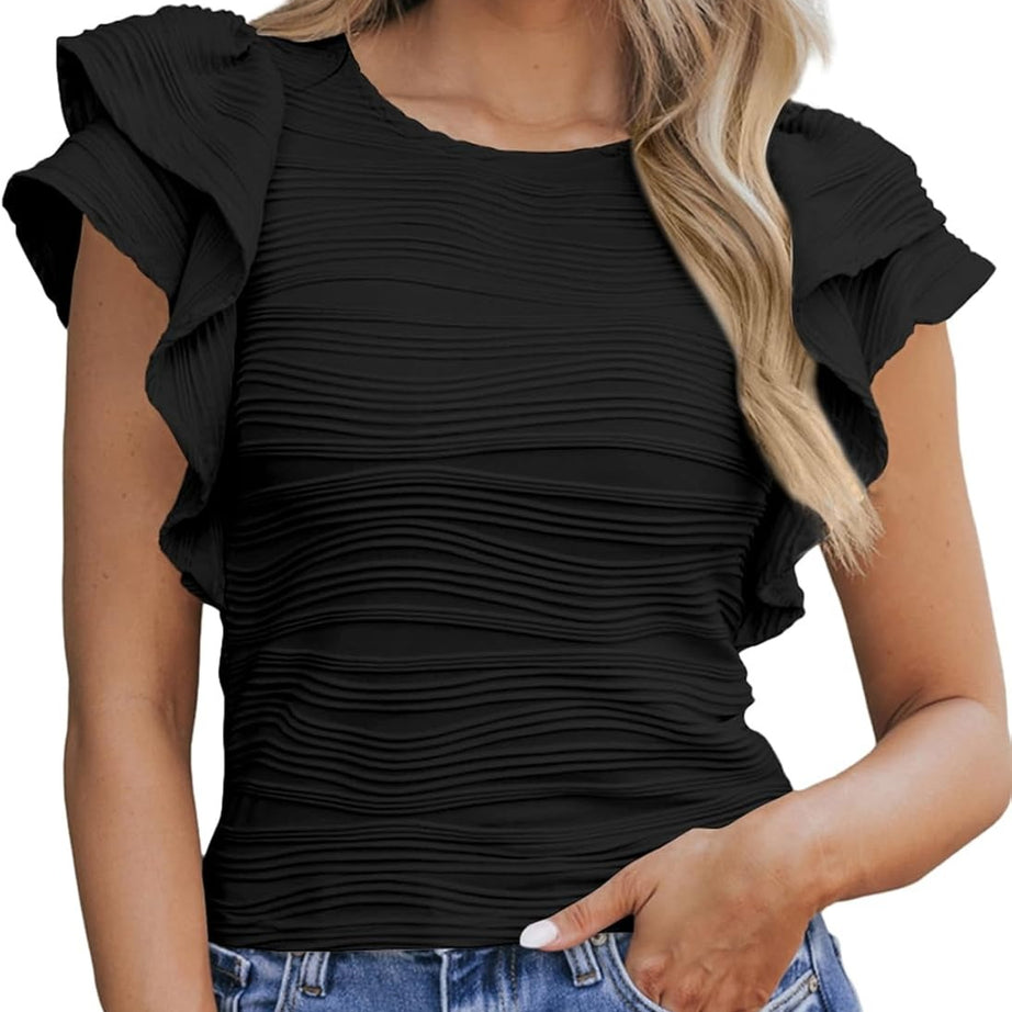 Womens Casual Crewneck Ruffle Slim Fit Dressy Blouses