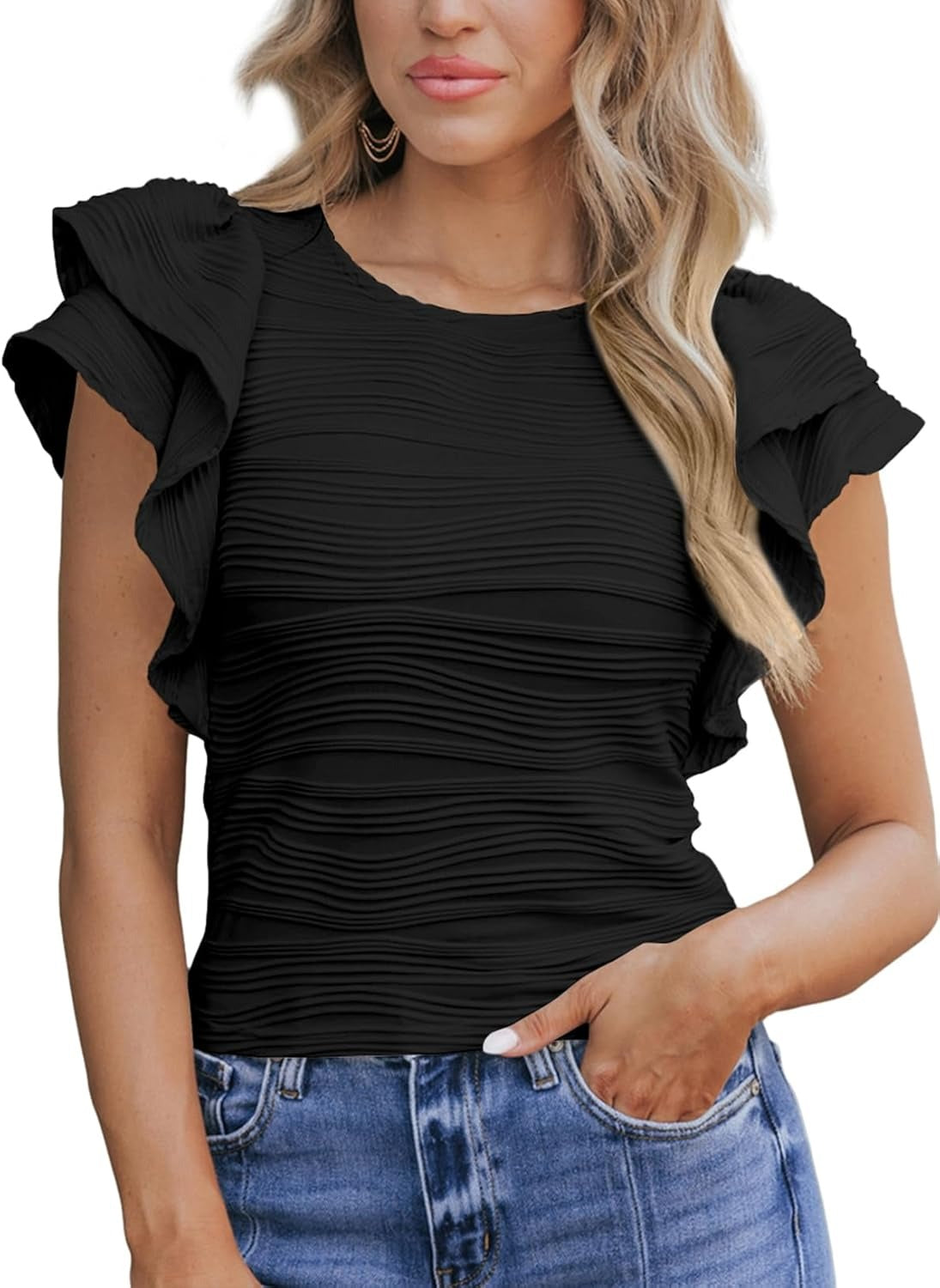 Womens Casual Crewneck Ruffle Slim Fit Dressy Blouses