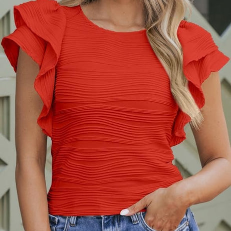 Womens Casual Crewneck Ruffle Slim Fit Dressy Blouses