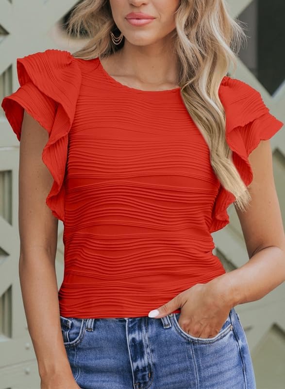 Womens Casual Crewneck Ruffle Slim Fit Dressy Blouses