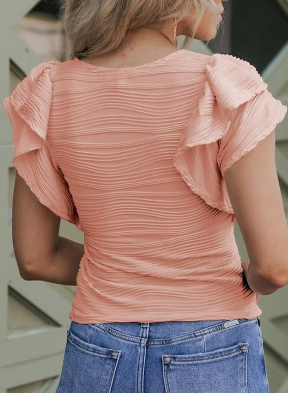 Womens Casual Crewneck Ruffle Slim Fit Dressy Blouses