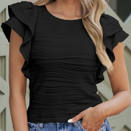 Womens Casual Crewneck Ruffle Slim Fit Dressy Blouses