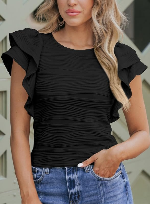 Womens Casual Crewneck Ruffle Slim Fit Dressy Blouses
