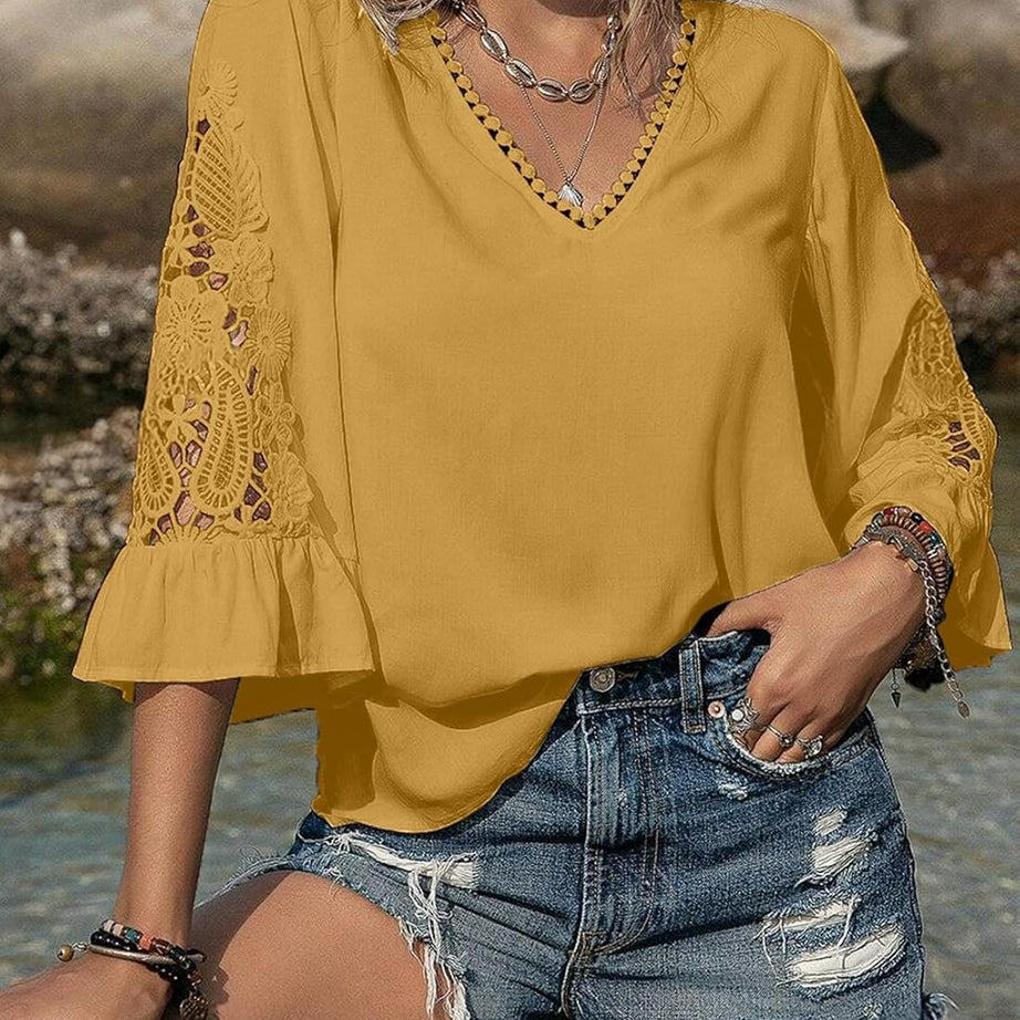 Womens V Neck 3/4 Length Sleeve Business Casual Blouses