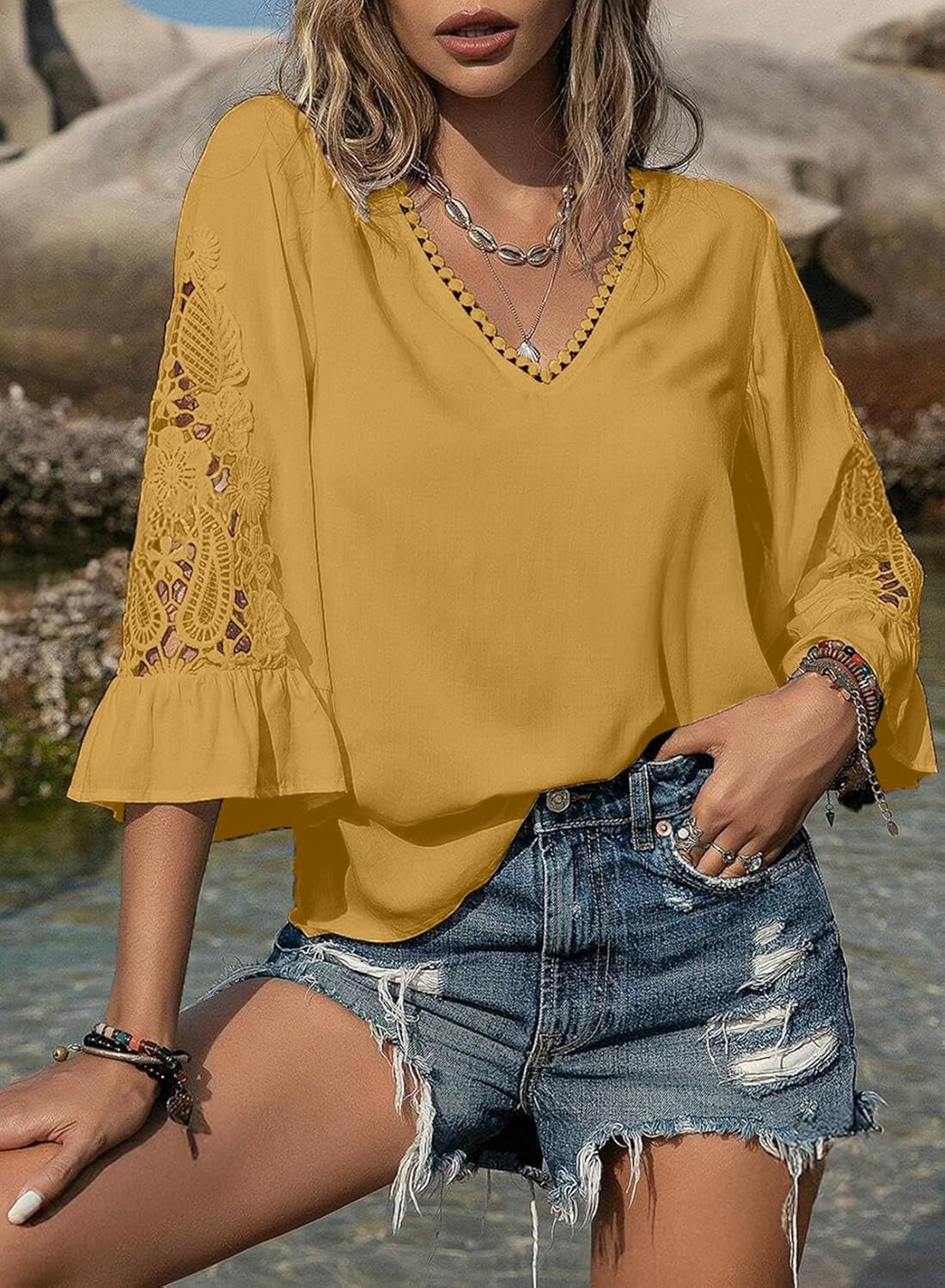 Womens V Neck 3/4 Length Sleeve Business Casual Blouses