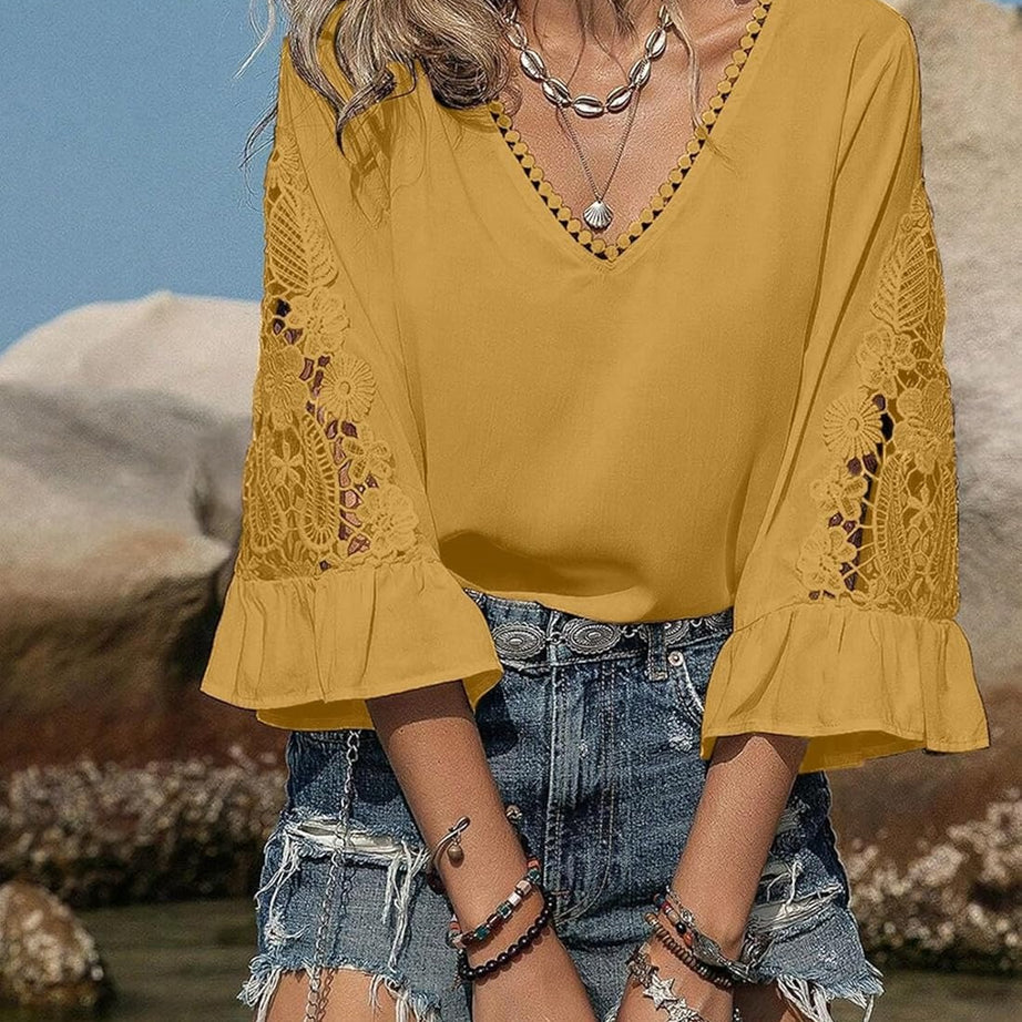Womens V Neck 3/4 Length Sleeve Business Casual Blouses