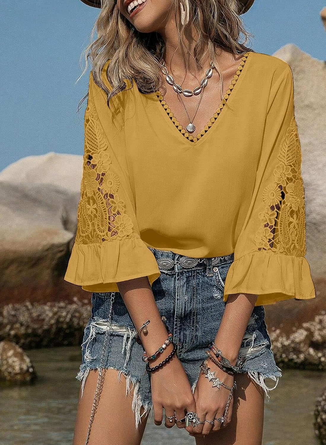 Womens V Neck 3/4 Length Sleeve Business Casual Blouses
