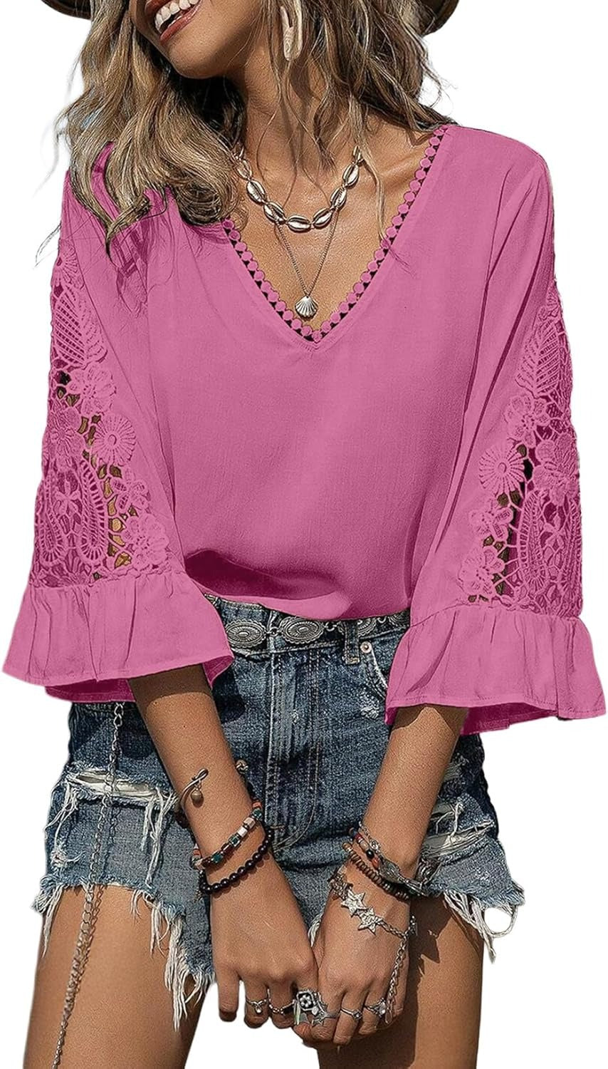 Womens V Neck 3/4 Length Sleeve Business Casual Blouses