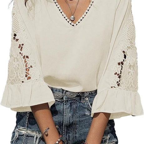 Womens V Neck 3/4 Length Sleeve Business Casual Blouses