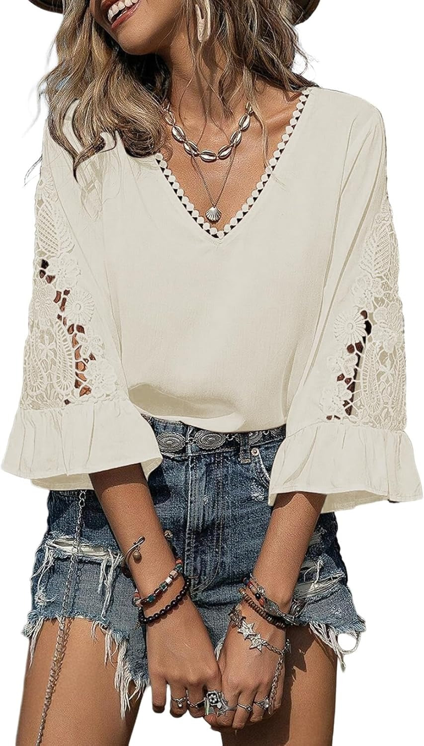 Womens V Neck 3/4 Length Sleeve Business Casual Blouses