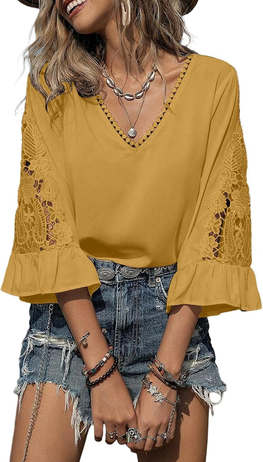 Womens V Neck 3/4 Length Sleeve Business Casual Blouses
