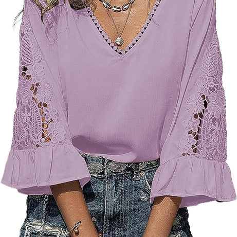 Womens V Neck 3/4 Length Sleeve Business Casual Blouses