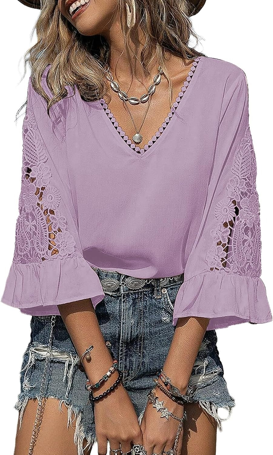 Womens V Neck 3/4 Length Sleeve Business Casual Blouses