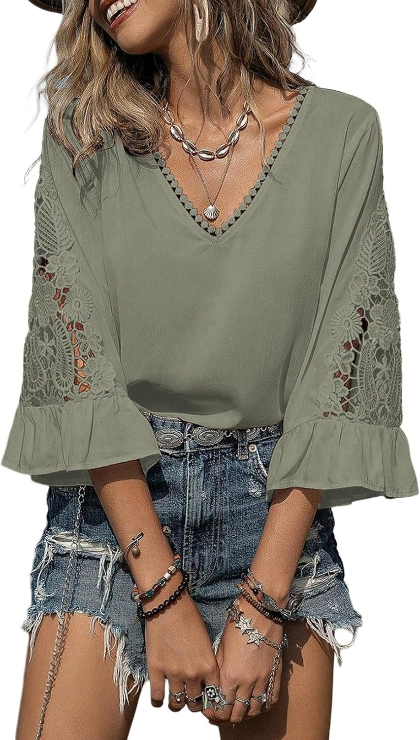Womens V Neck 3/4 Length Sleeve Business Casual Blouses