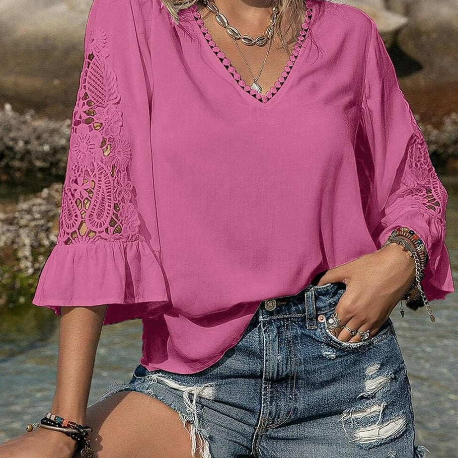 Womens V Neck 3/4 Length Sleeve Business Casual Blouses