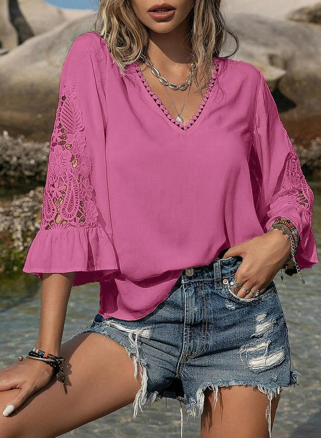Womens V Neck 3/4 Length Sleeve Business Casual Blouses