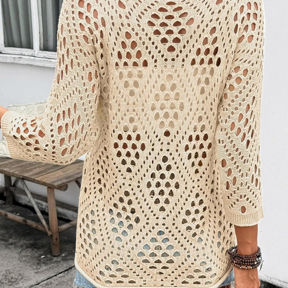 Womens Summer V Neck 3/4 Sleeve Hollow Out Beach Crochet Cover Ups
