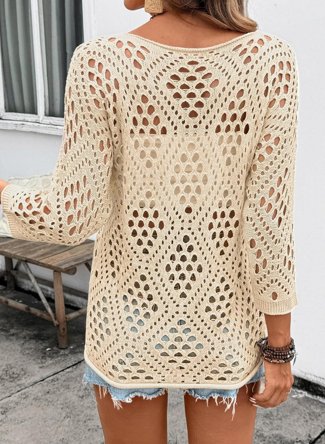 Womens Summer V Neck 3/4 Sleeve Hollow Out Beach Crochet Cover Ups