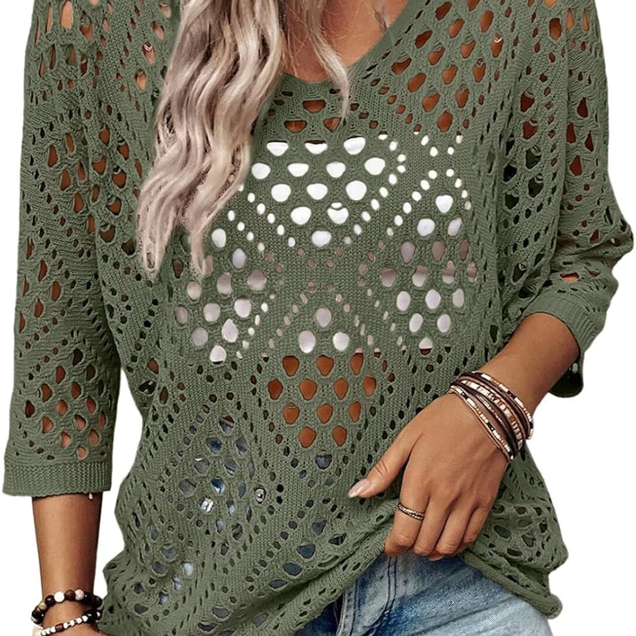 Womens Summer V Neck 3/4 Sleeve Hollow Out Beach Crochet Cover Ups