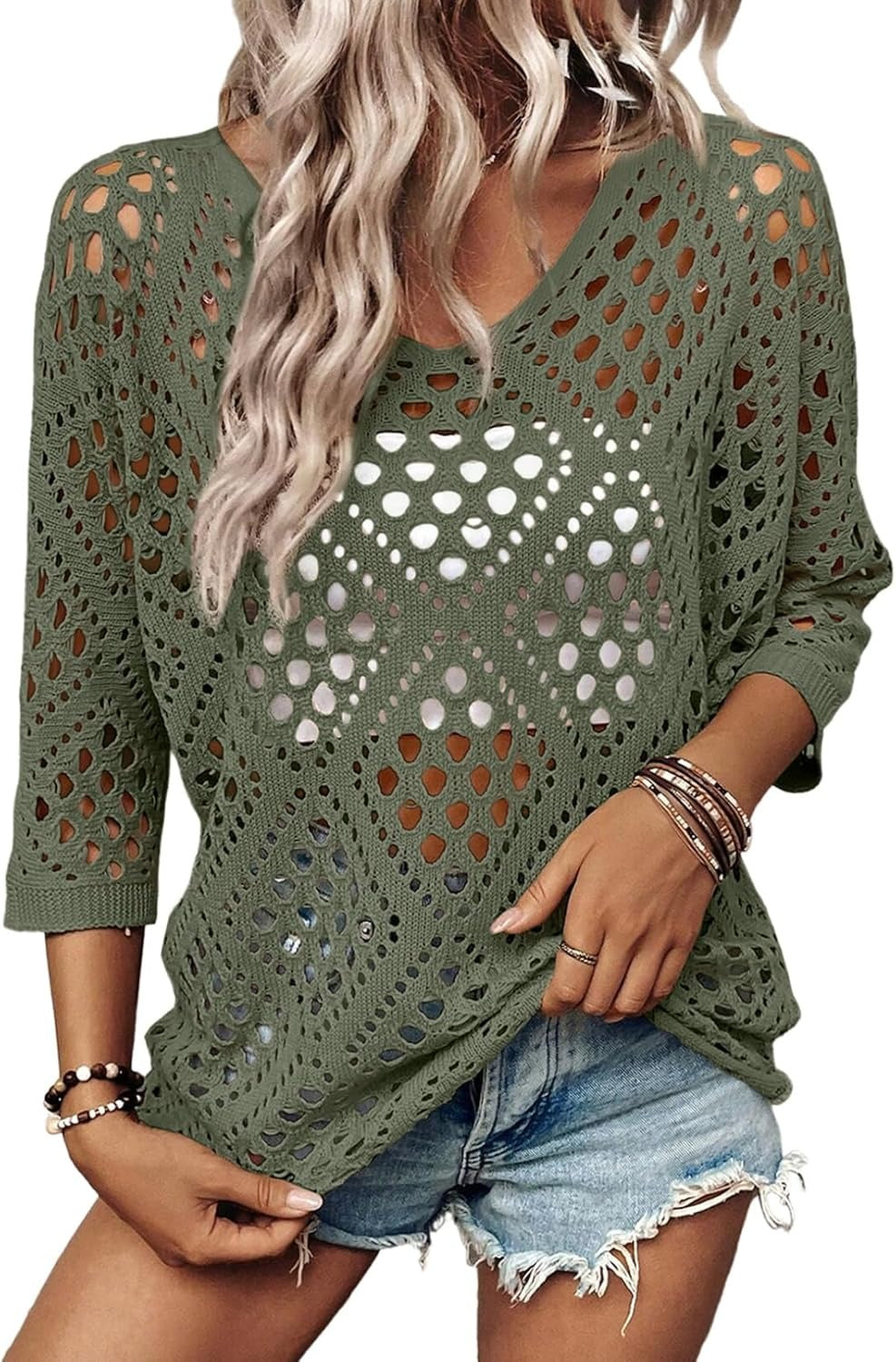 Womens Summer V Neck 3/4 Sleeve Hollow Out Beach Crochet Cover Ups