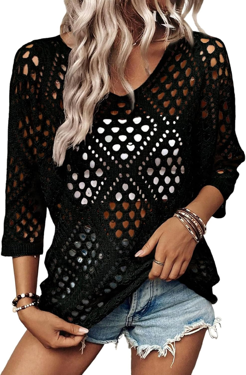 Womens Summer V Neck 3/4 Sleeve Hollow Out Beach Crochet Cover Ups