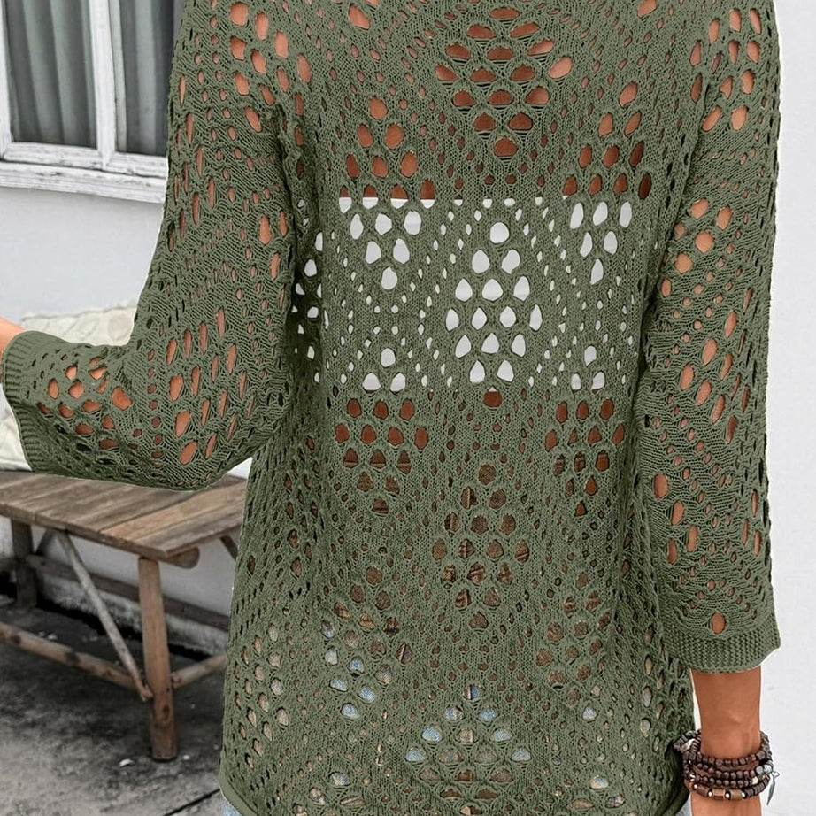 Womens Summer V Neck 3/4 Sleeve Hollow Out Beach Crochet Cover Ups