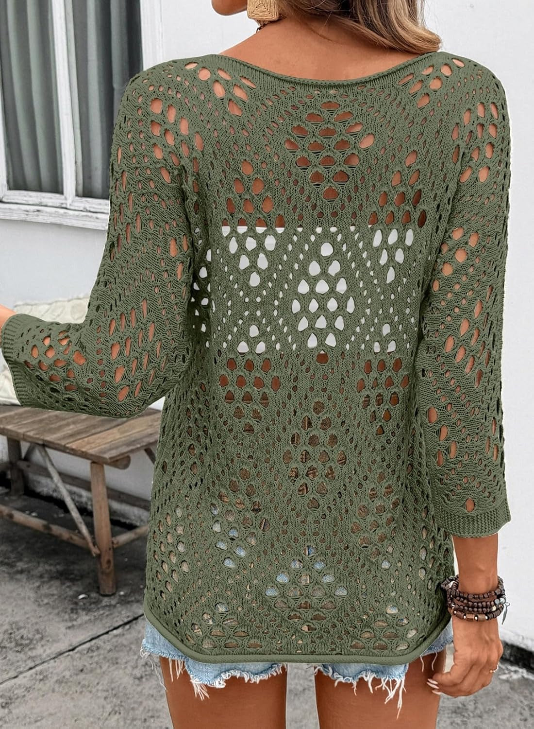 Womens Summer V Neck 3/4 Sleeve Hollow Out Beach Crochet Cover Ups