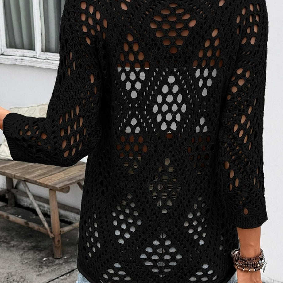 Womens Summer V Neck 3/4 Sleeve Hollow Out Beach Crochet Cover Ups