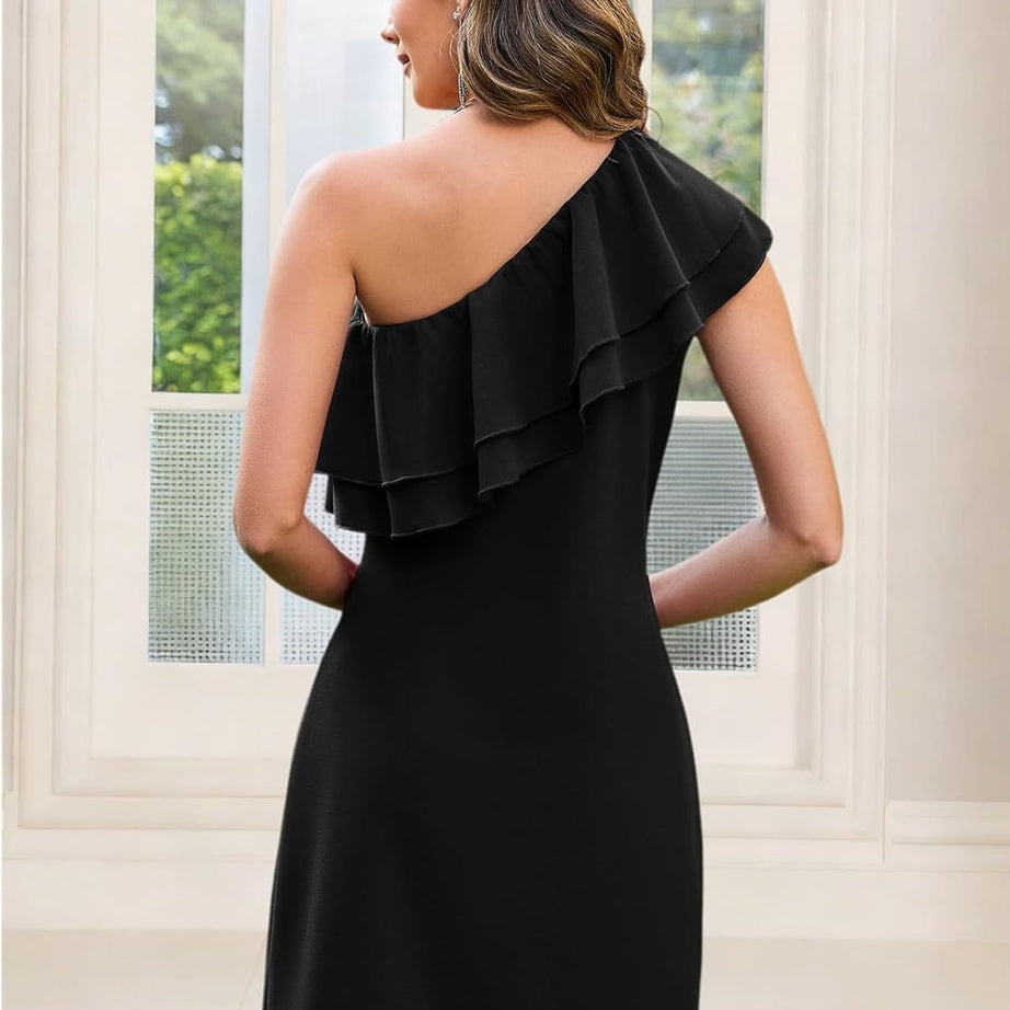Women's Elegant One Shoulder Ruffle A-Line Dress