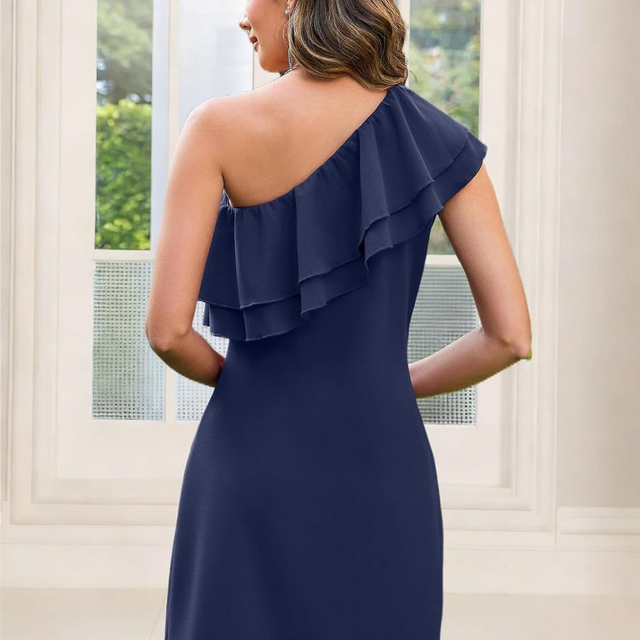 Women's Elegant One Shoulder Ruffle A-Line Dress