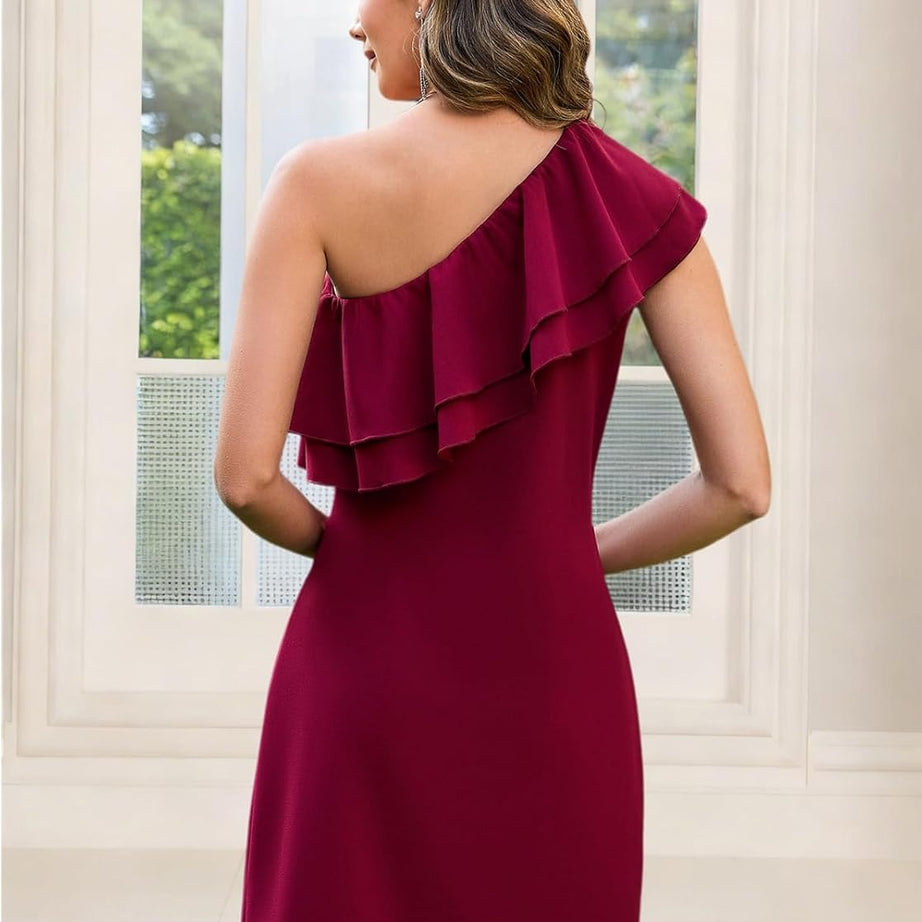 Women's Elegant One Shoulder Ruffle A-Line Dress