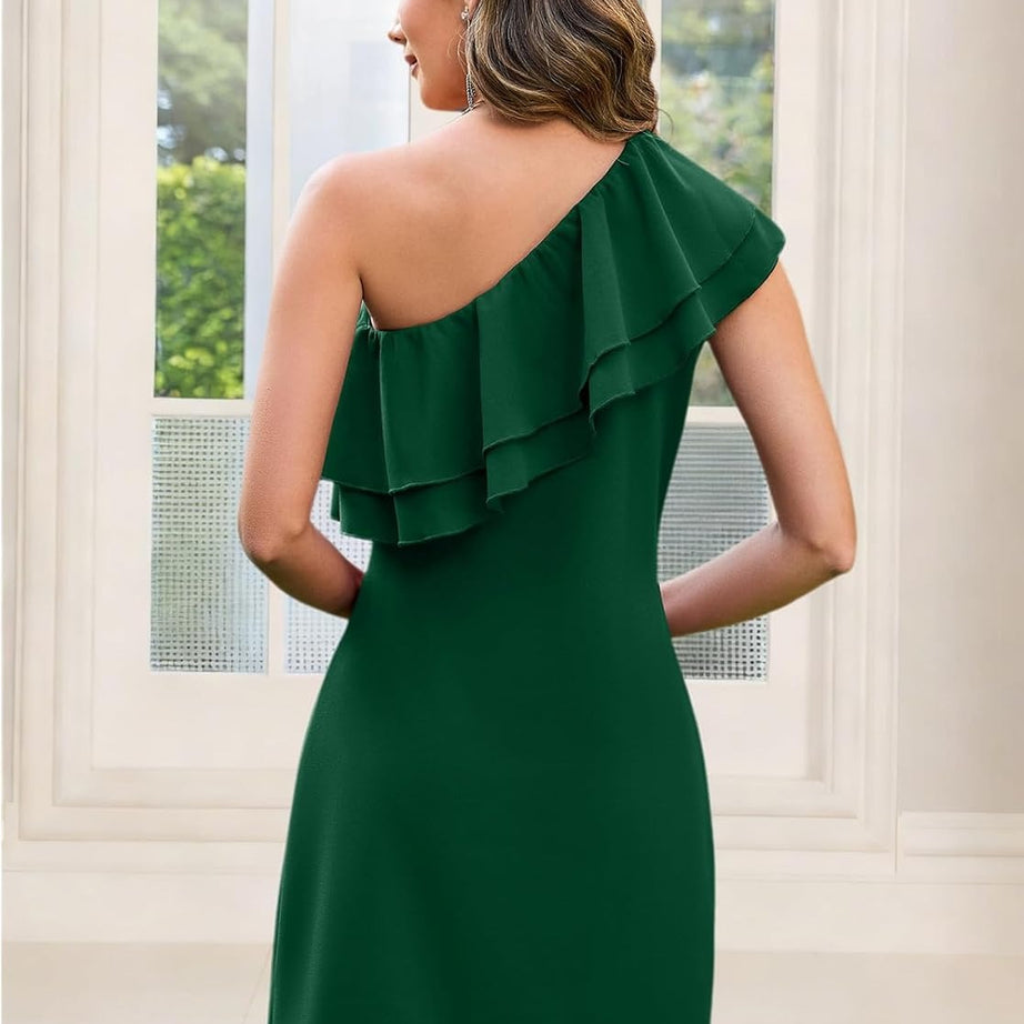 Women's Elegant One Shoulder Ruffle A-Line Dress