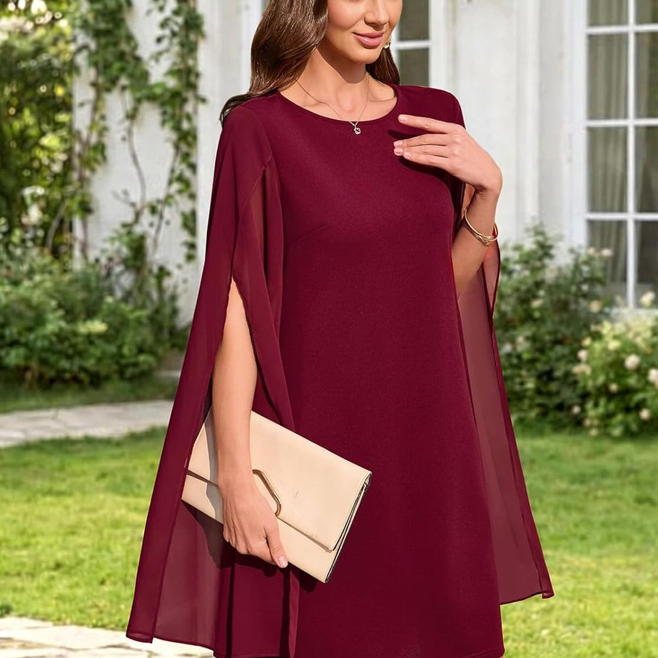 Women's Chiffon Cape Sleeve Shift Cocktail Dress
